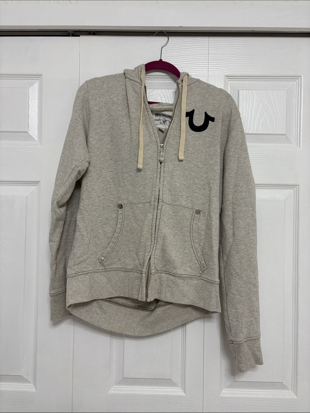 True Religion Cream Zip-Up Hoodie with Black Logo